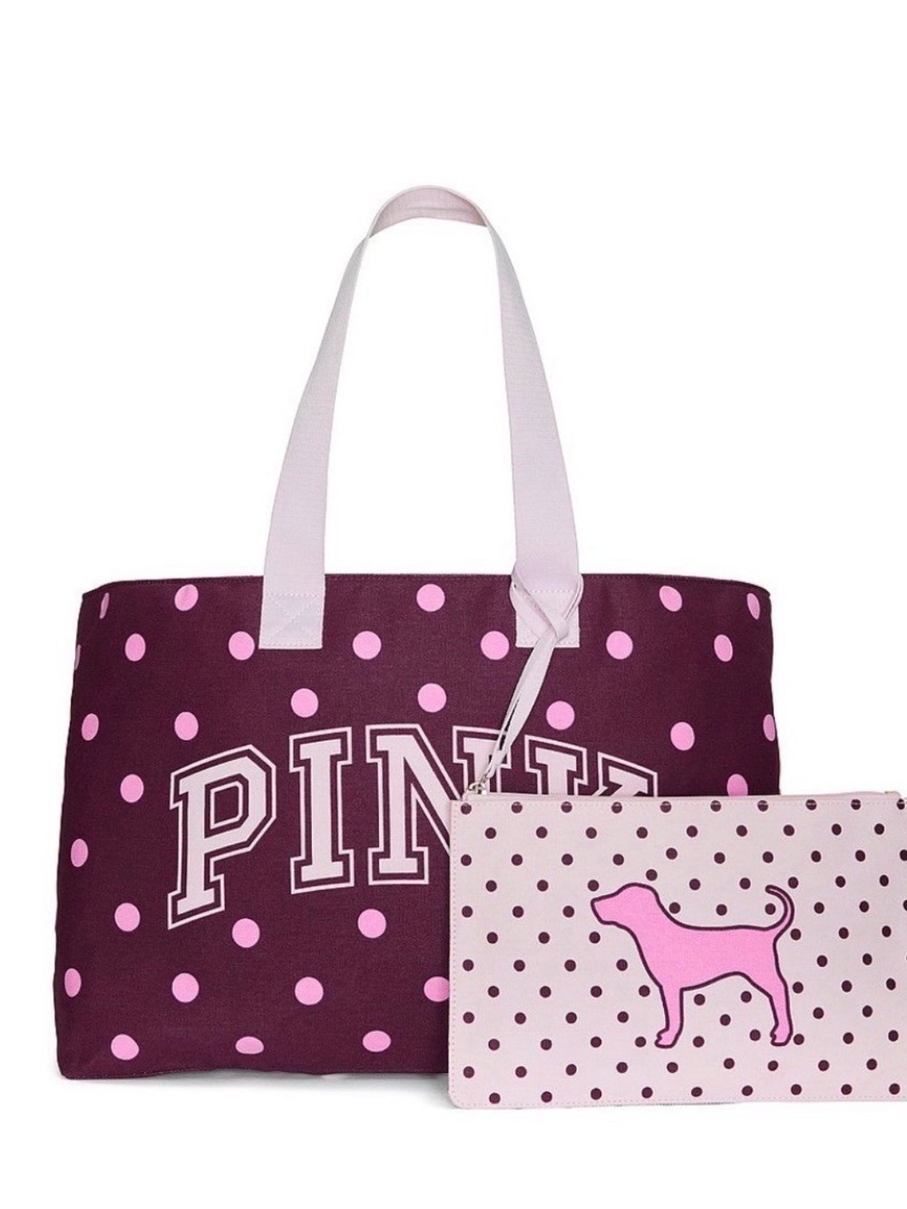 PINK Victoria's Secret Maroon Polka Dot Canvas Tote & Wristlet Pouch Set
